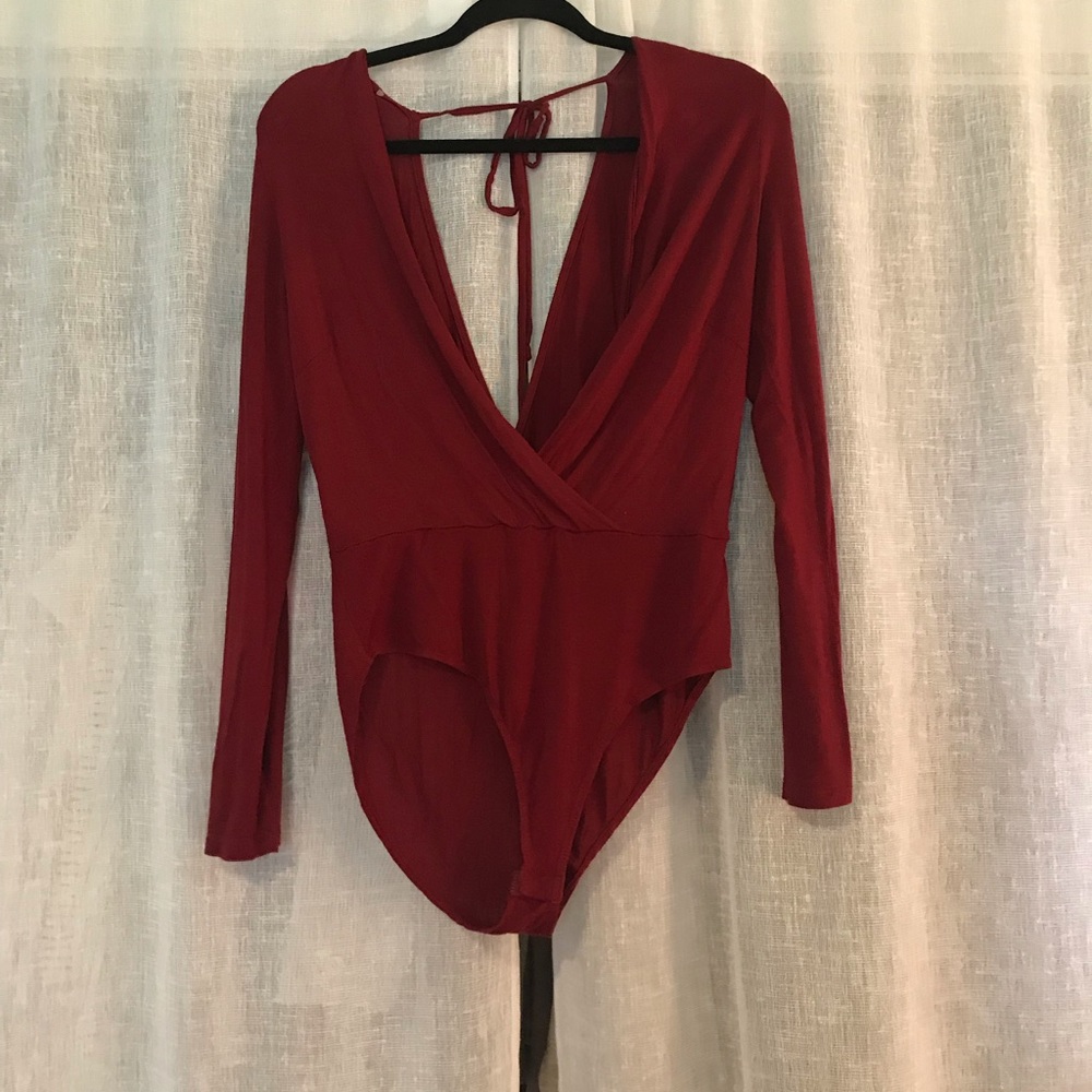 Long Sleeve Plunge Red Bodysuit